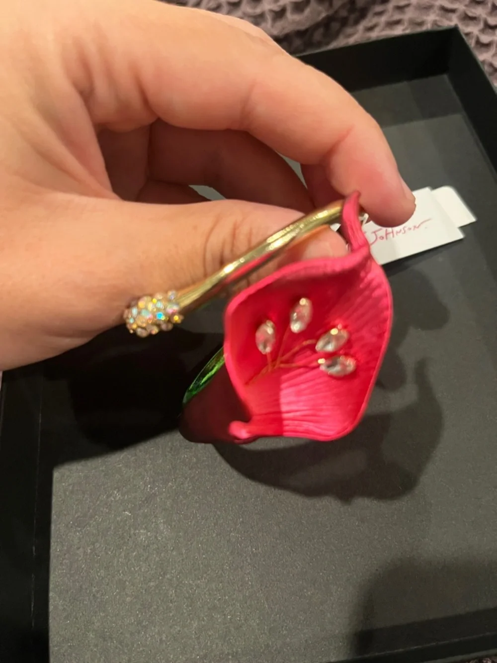 Betsey Johnson Gold Tone Bracelet with Pink Calla Lily and Green Stem